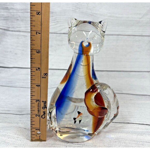 Murano Handblown Art Glass Clear Blue Amber 8" Cat Fish in Belly Figurine Decor - Picture 5 of 7